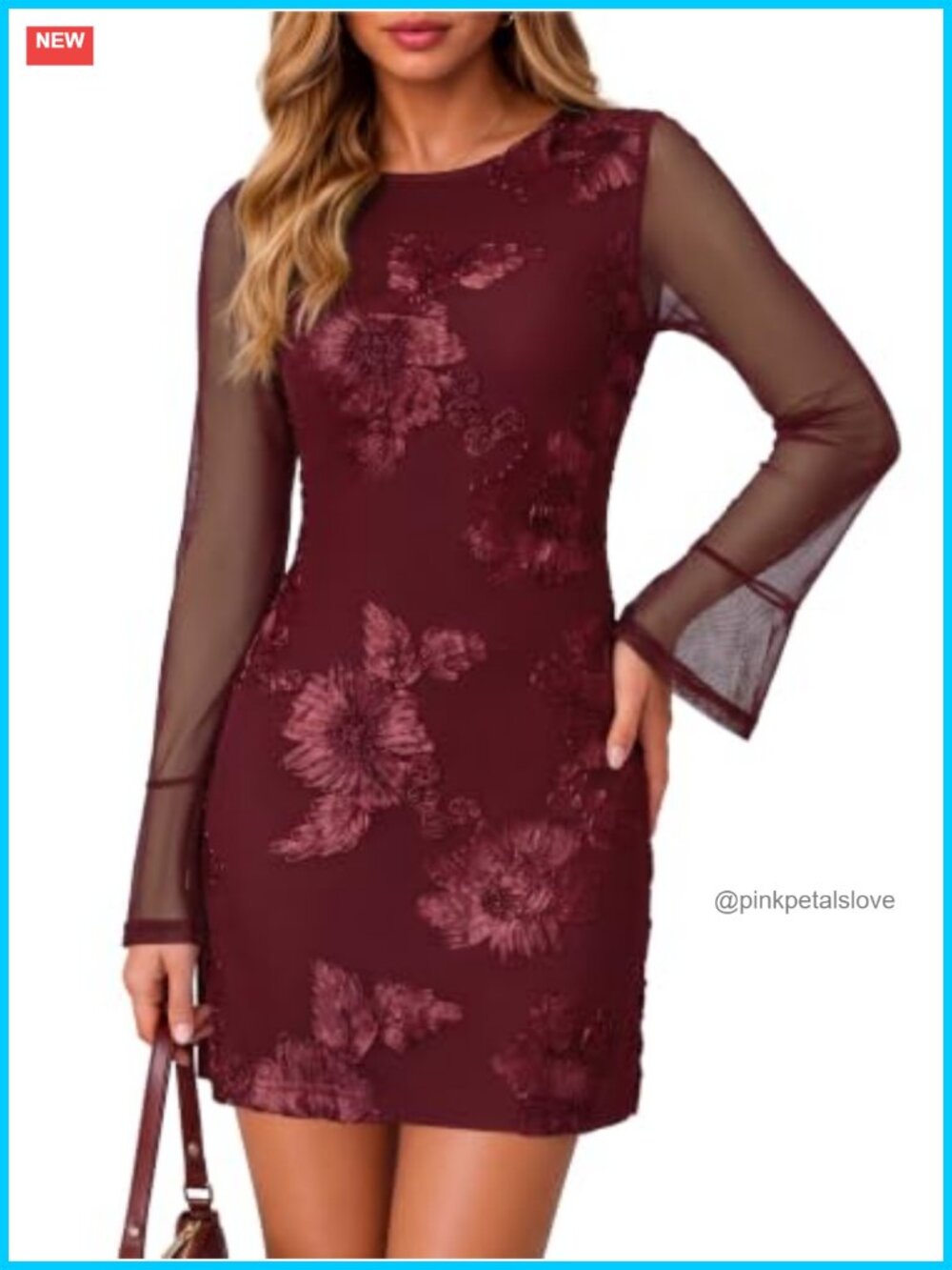 Simplee Women's Mini Bodycon Floral Embroidered Mesh Long Sleeve Dress